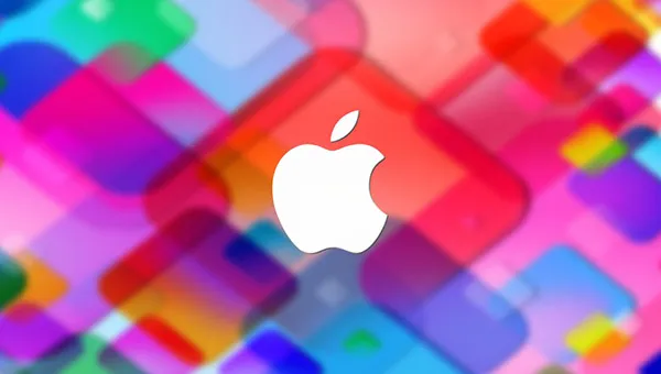 Apple logosu rengarenk bir arka planın tam ortasında